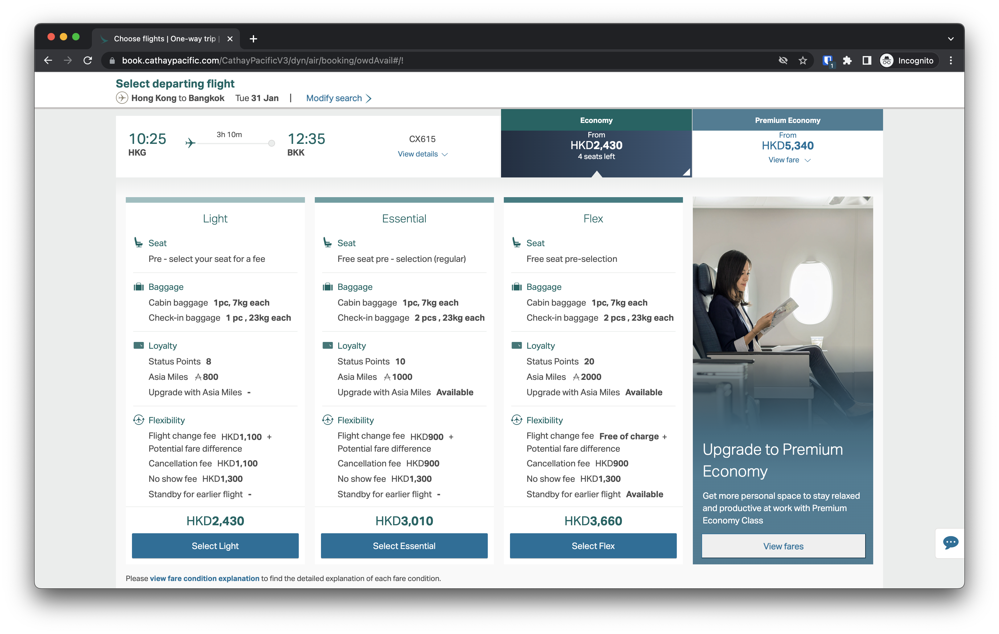 Cathay Pacific Booking Page