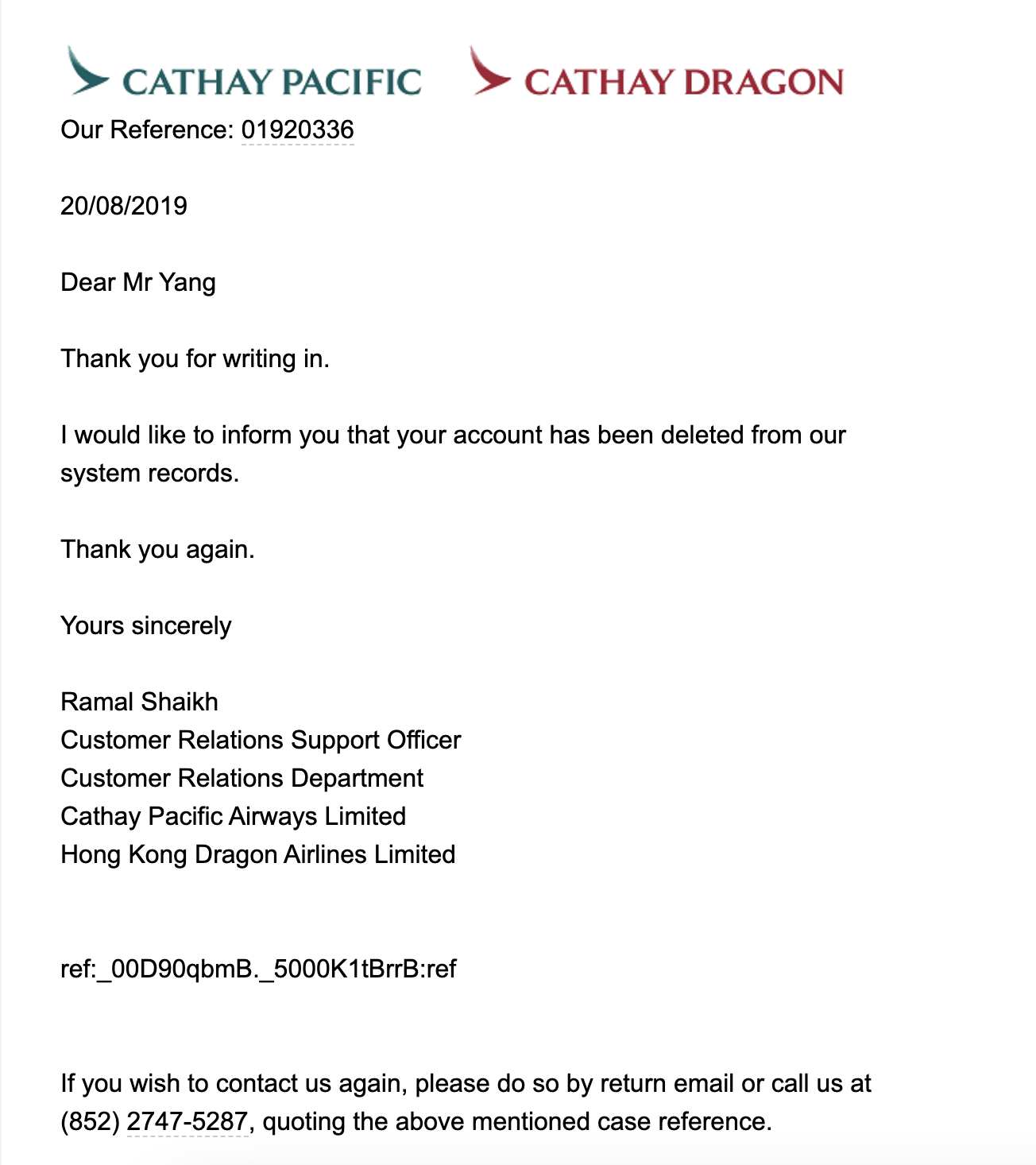 Response from Cathay Pacific to Delete My Data