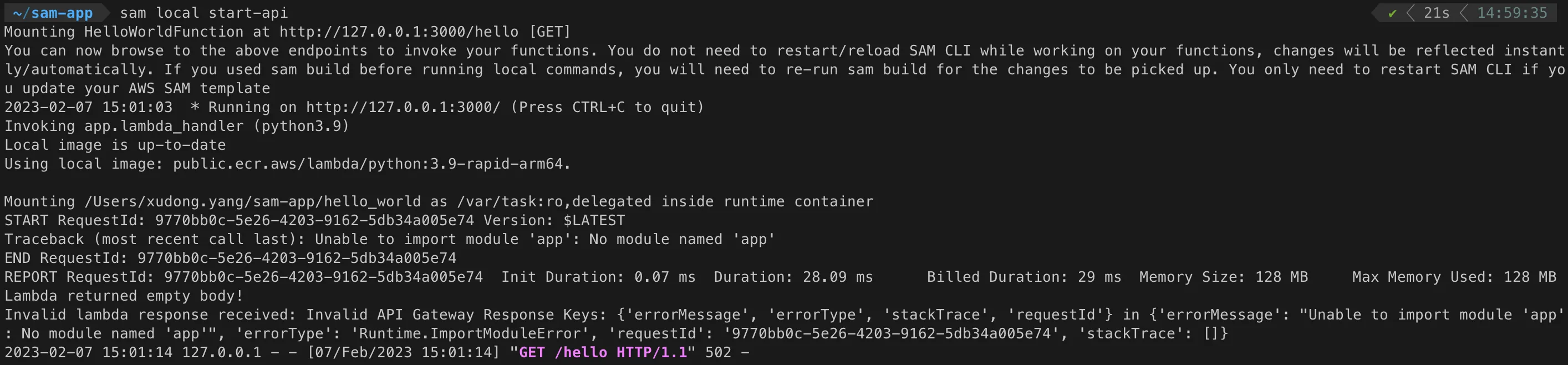 sam local start-api failed