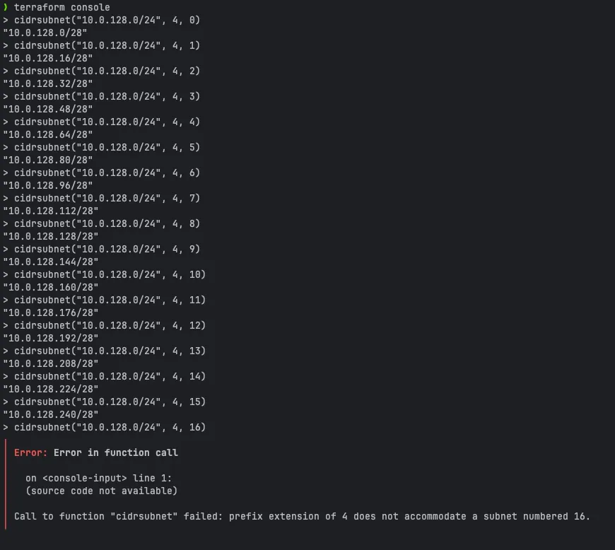 cidirsubnet error when exceeding the extending range