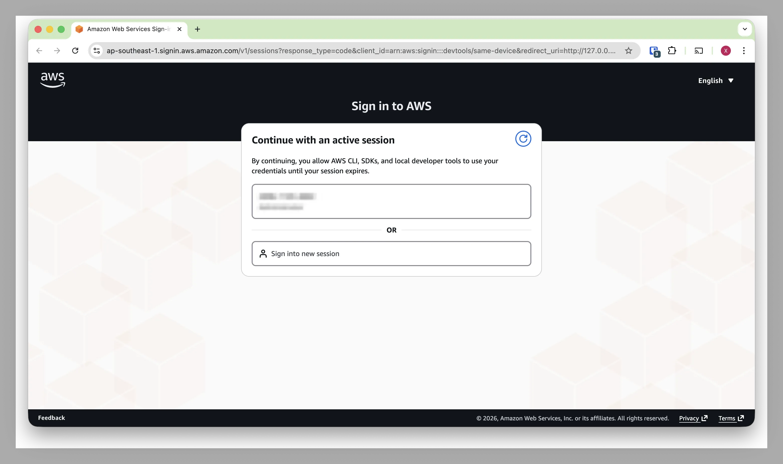 Example of web page that aws login command opens