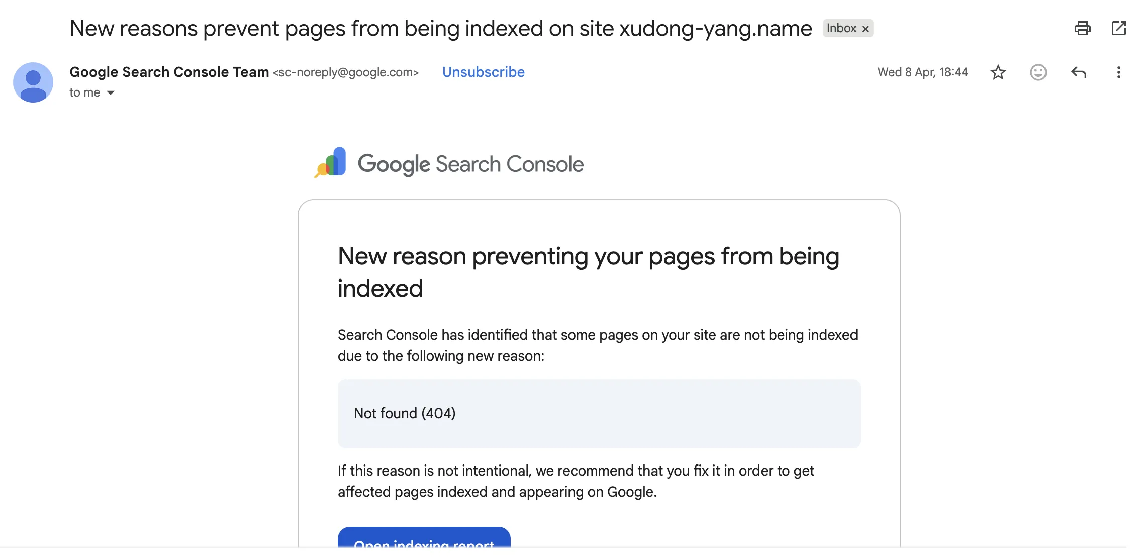 Email from Google Search Console reminding me of 404 issues